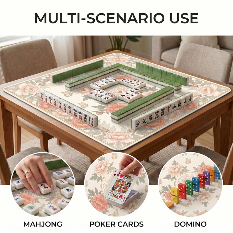 Mahjong set arranged on the peony floral table mat, with inset photos showing the mat also used for poker style playing cards and colorful domino style pieces.