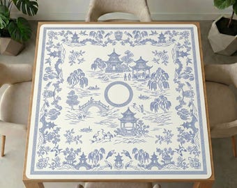 Blauwwitte Pagoda Mahjong-tafelmat – Chinoiserielandschap Gamecover