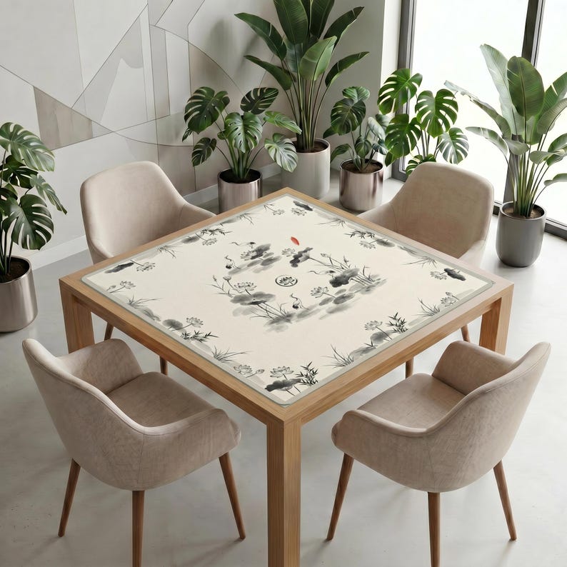 Modern dining space with many green plants and neutral chairs, featuring a wooden table covered by the ink crane lotus mahjong table mat as a minimalist decorative centerpiece.