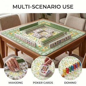 Mahjong setup on the green crane and lotus table mat with circular insets showing use for mahjong tiles, poker style playing cards and domino style games.