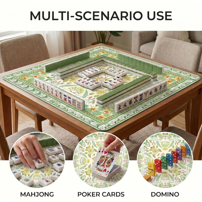 Mahjong setup on the green crane and lotus table mat with circular insets showing use for mahjong tiles, poker style playing cards and domino style games.