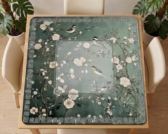 Green Bird Blossom Mahjong Table Mat – Noise Reducing Non Slip Game Cover (50–100cm)