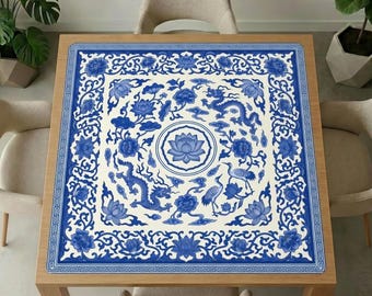 Blue White Dragon Lotus Mahjong Table Mat – Porcelain Style Game Cover, Cranes, Floral Border