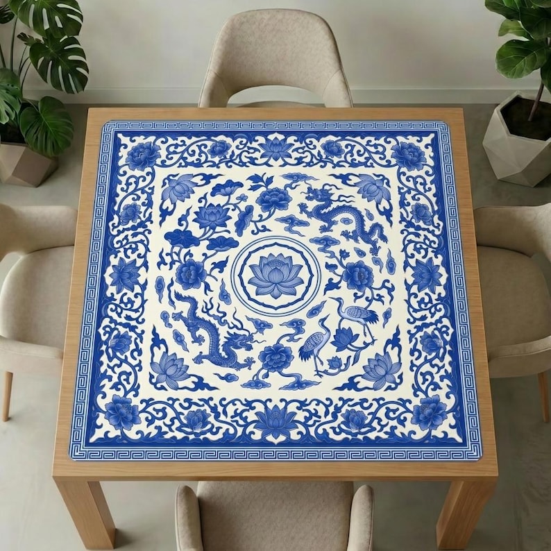 Blue and white dragon lotus mahjong mat covering a square wooden dining table, surrounded by neutral chairs and green indoor plants.