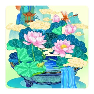 Flat product image of a square mahjong table mat with pink lotus flowers, green lotus leaves, a frog, waterfall and pavilion against soft mountains.