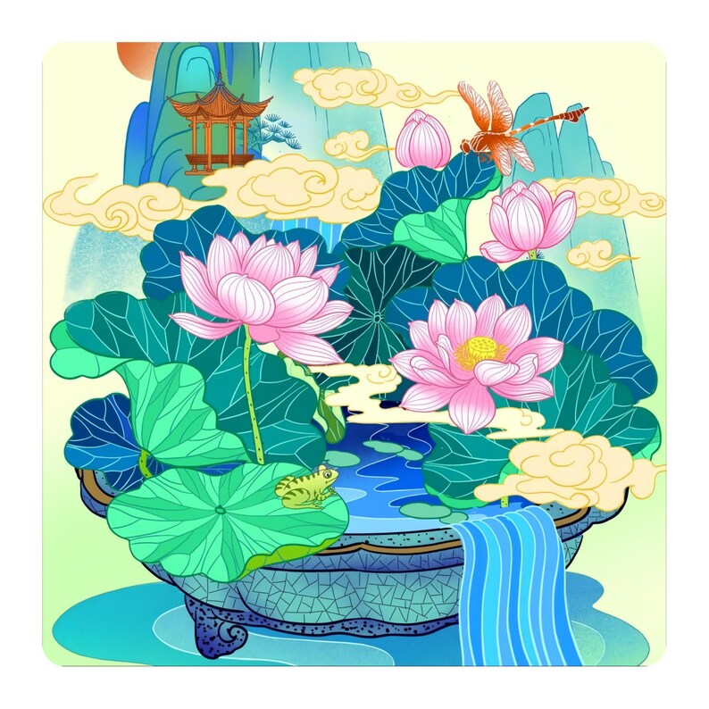 Flat product image of a square mahjong table mat with pink lotus flowers, green lotus leaves, a frog, waterfall and pavilion against soft mountains.