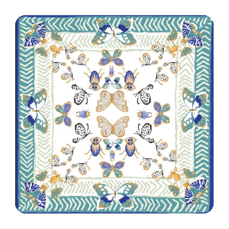 Flat product image of a square mahjong table mat with a white center, blue and gold butterflies and insects, mint zigzag border and teal outer frame.