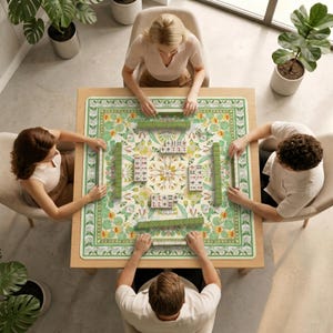 Overhead view of four people playing mahjong on the green crane and lotus table mat, tiles arranged in a square around the central floral design.