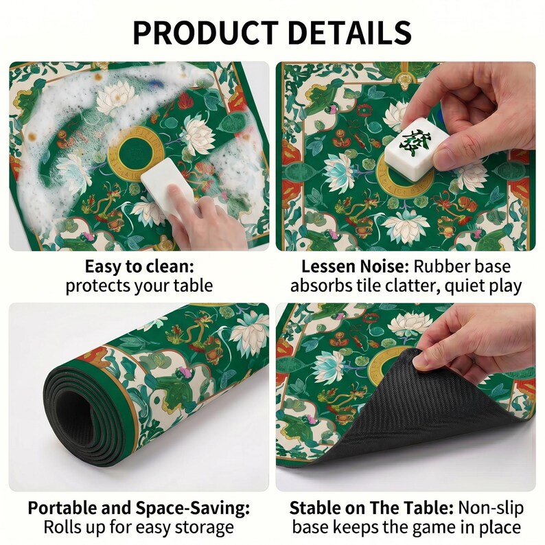 Product detail collage showing the green lotus mahjong mat being cleaned with foam, used under a tile, rolled up for storage and lifted to reveal the textured non‑slip rubber backing.