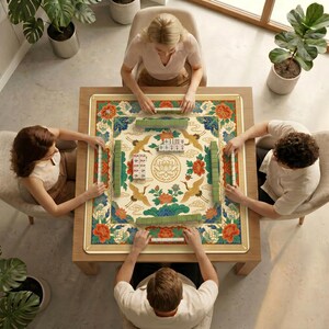 Top‑down view of four people sitting around a table covered with the colorful crane lotus mahjong table mat, preparing to play mahjong.