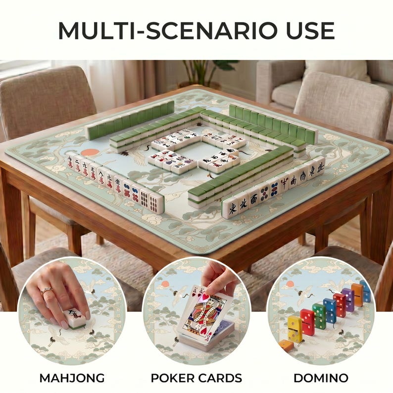Mahjong tiles arranged on the cranes and pine clouds table mat, with insets showing the mat also used for poker playing cards and colorful domino style pieces.