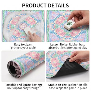 Product detail collage showing the lotus game table mat being washed with foam, used under tiles, rolled up for storage and lifted to reveal the black non‑slip rubber backing.