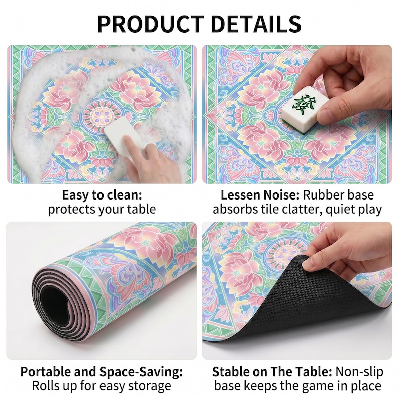 Product detail collage showing the lotus game table mat being washed with foam, used under tiles, rolled up for storage and lifted to reveal the black non‑slip rubber backing.