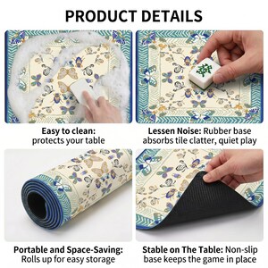 Product detail collage showing the butterfly table mat being washed with foam, used under tiles, rolled for storage and lifted to reveal the black non‑slip rubber backing.