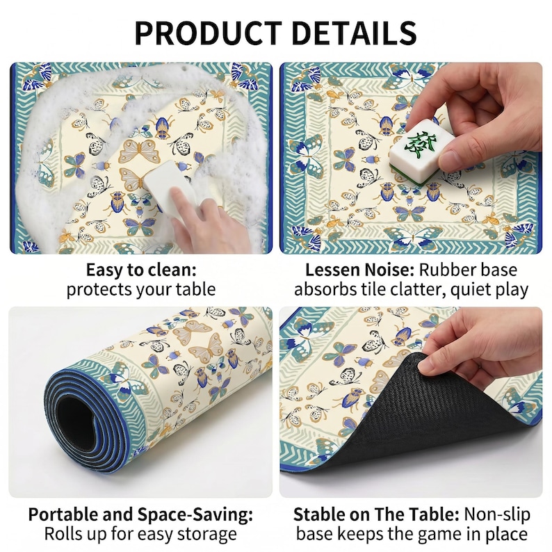 Product detail collage showing the butterfly table mat being washed with foam, used under tiles, rolled for storage and lifted to reveal the black non‑slip rubber backing.