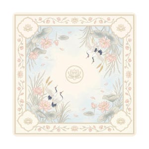 Flat product image of a square crane and lotus mahjong table mat in soft cream and blue tones, with cranes, lotus flowers and a lotus emblem in the center.
