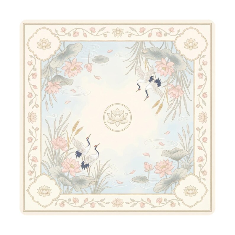 Flat product image of a square crane and lotus mahjong table mat in soft cream and blue tones, with cranes, lotus flowers and a lotus emblem in the center.