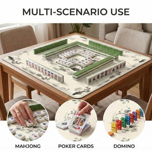 Mahjong setup on the ink crane lotus mat, with inset circles showing close‑ups of mahjong tiles, poker cards and domino style tile games on the cream surface.