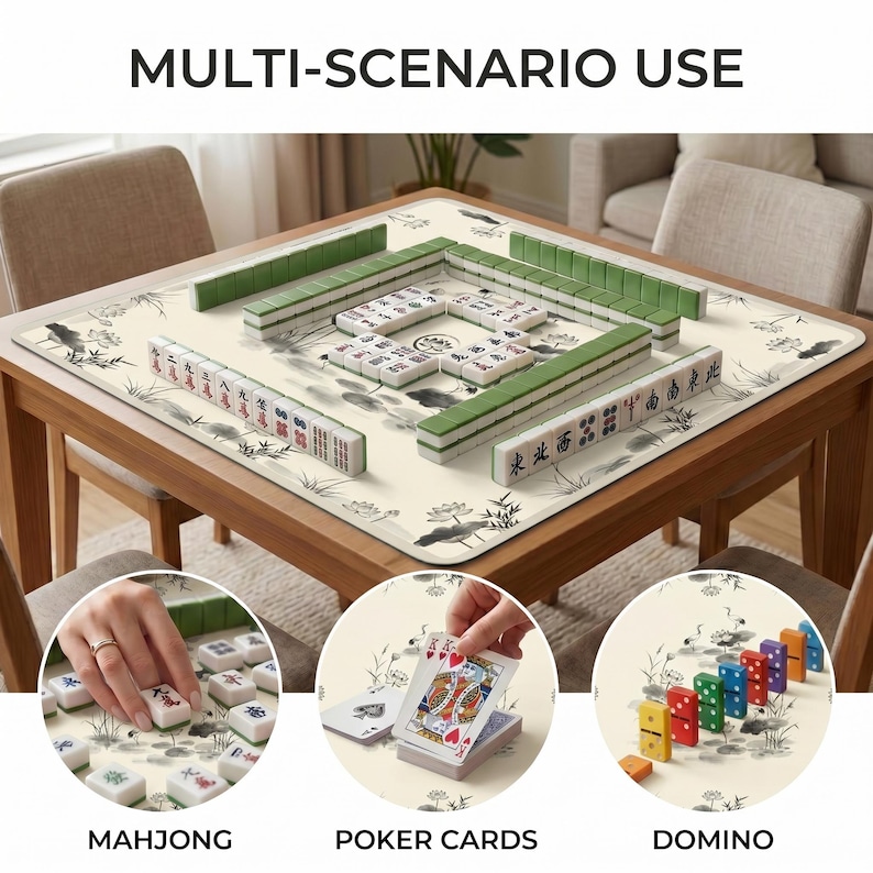 Mahjong setup on the ink crane lotus mat, with inset circles showing close‑ups of mahjong tiles, poker cards and domino style tile games on the cream surface.