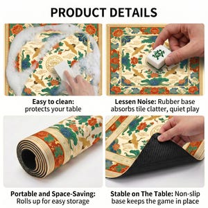 Product detail collage showing the colorful crane lotus table mat being washed with foam, used under tiles, rolled for storage and lifted to reveal the black non‑slip rubber backing.