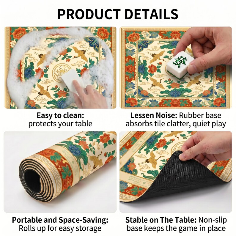 Product detail collage showing the colorful crane lotus table mat being washed with foam, used under tiles, rolled for storage and lifted to reveal the black non‑slip rubber backing.