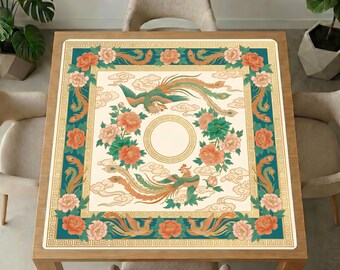 Mahjong-tafelmat Phoenix Peony – ivoorgroene bloemen Spelhoes