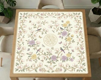 Floral Bird Mahjong-tafelmat – ivoor pioen en magnolia-spelhoes, antislip, geluiddempend kussen