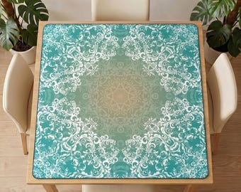 Turquoise Floral Mahjong Table Mat – Noise Reducing Non Slip Game Table Cover 50–100cm