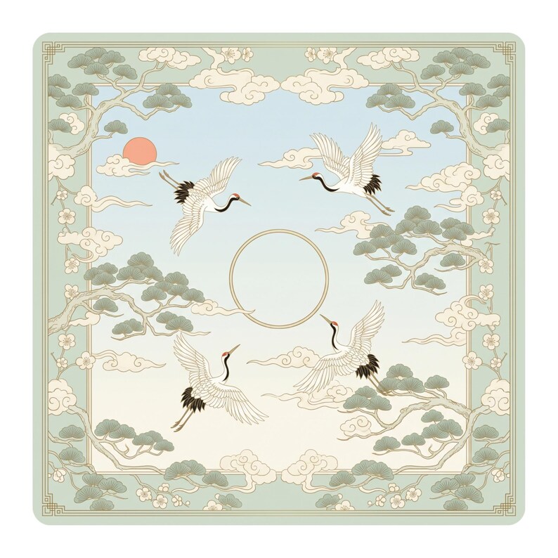 Flat product image of a square mahjong table mat featuring white cranes flying around a golden circle, framed by pine trees and cream clouds on a soft blue sky background.