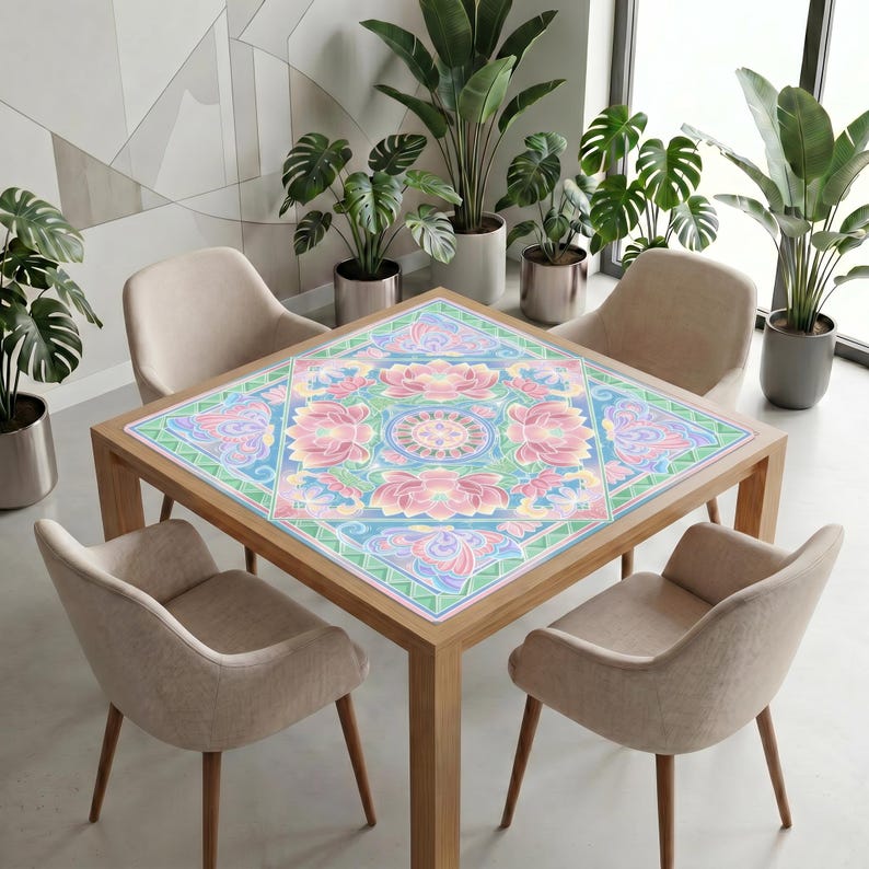 Modern dining area with neutral chairs and potted plants, featuring a wooden table covered by the pastel lotus mahjong table mat as a decorative centerpiece.