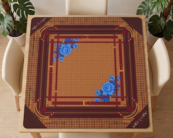 Brown Mahjong Table Mat – Blue Floral, Noise-Reducing, Non-Slip Game Mat (80*80cm)