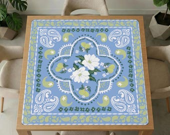 Pear Blossom Mahjong Table Mat – Light Blue Floral Game Cover, Noise-Reducing Non-Slip