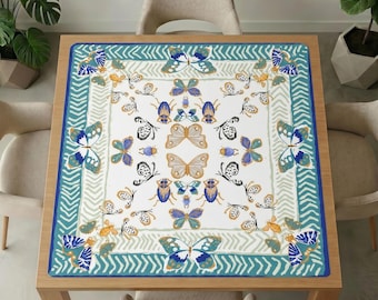 Butterfly Mahjong-tafelmat – groenblauwe rand, blauwgouden insecten, antislip gamecover