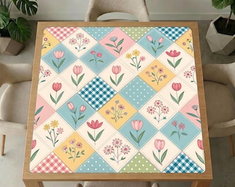 Floral Patchwork Mahjong Table Mat – Pastel Tulip Daisy Quilt Game Cover