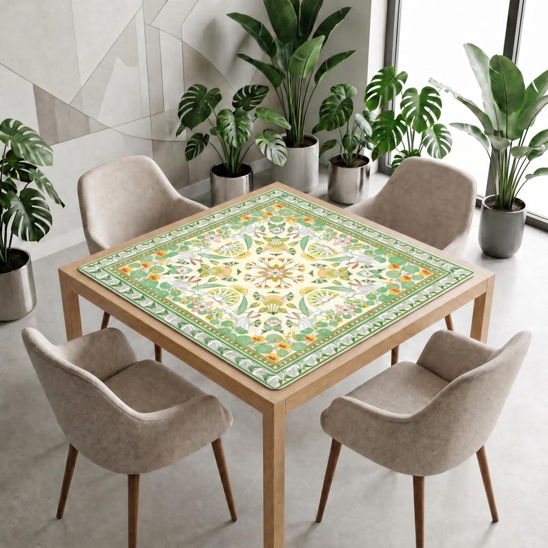 Modern dining room with a square wooden table covered by the green crane and lotus mahjong mat, surrounded by neutral chairs and tall green plants.