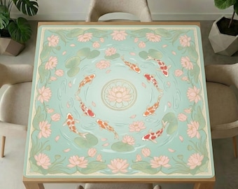 Mahjong-tafelmat koi-lotusvijver – mintgroene watertuin Gamecover, antislip, slijtvast