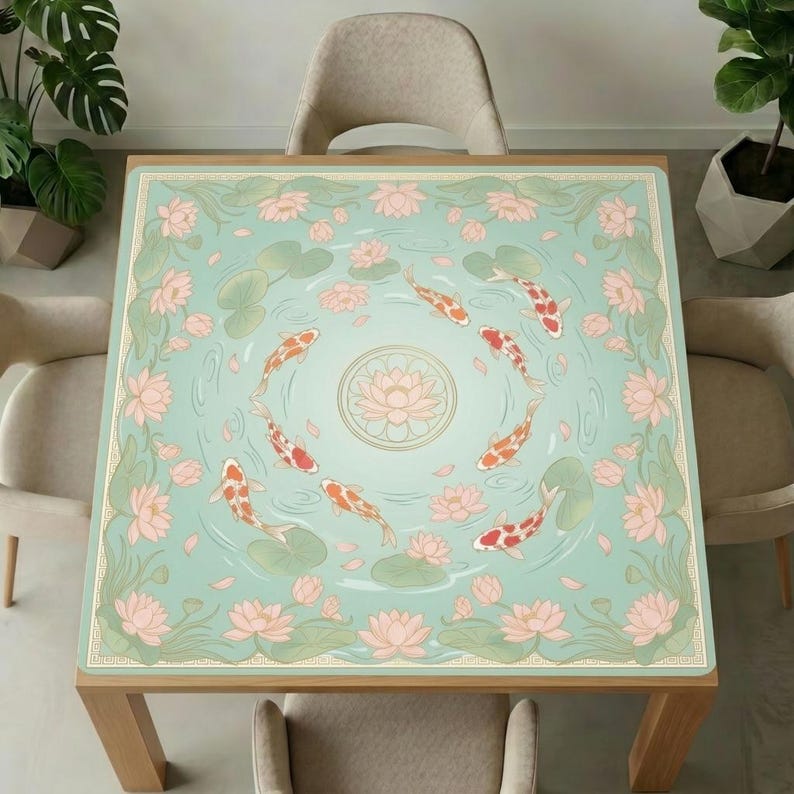 Koi and lotus mahjong mat covering a square wooden dining table, surrounded by neutral upholstered chairs and green indoor plants.