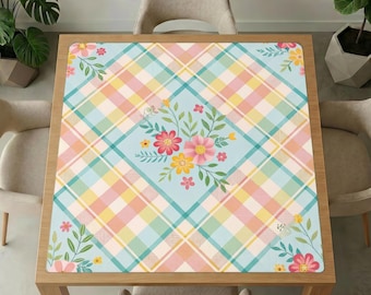Mahjong-tafelmat met pastelkleurige geruite bloemen – geluidsreducerende antislip gamecover