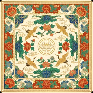 Flat product image of a square colorful crane and lotus mahjong table mat with red, green and blue floral patterns and golden cranes on a cream background.