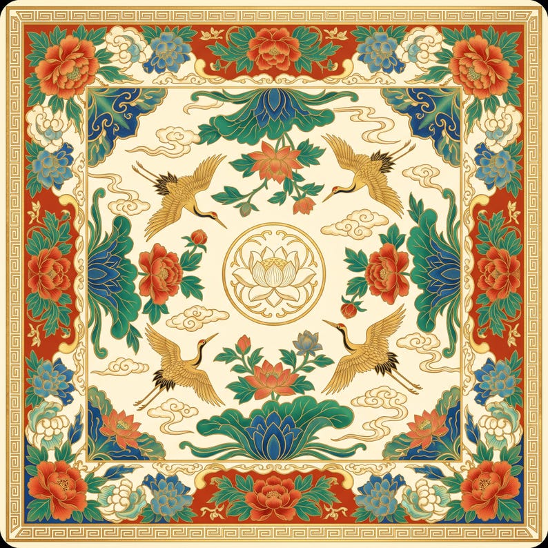 Flat product image of a square colorful crane and lotus mahjong table mat with red, green and blue floral patterns and golden cranes on a cream background.