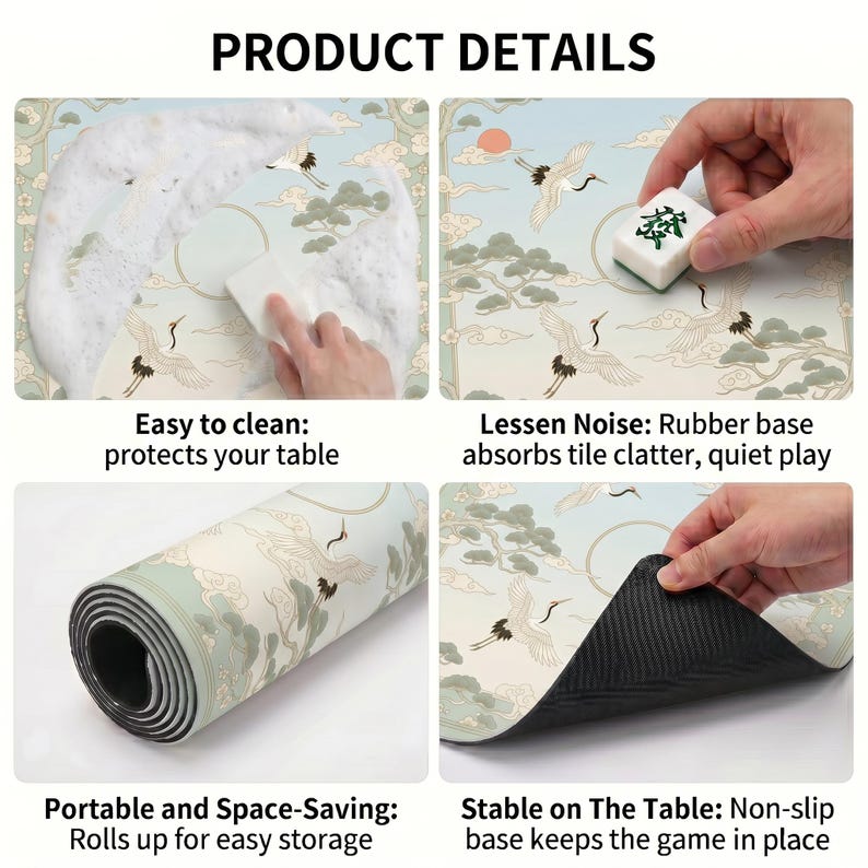 Product detail collage showing the cranes and pine clouds mahjong mat being washed with foam, used under tiles, rolled up for storage and lifted to reveal the textured non‑slip rubber backing.