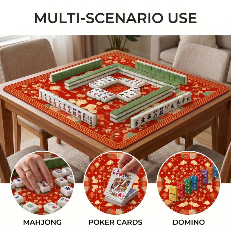 Mahjong tiles set up on the red lantern koi lotus table mat, with insets showing the mat also used for poker playing cards and colorful domino style pieces.
