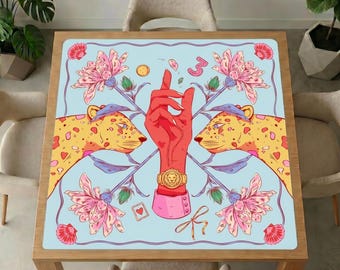 Leopard Art Mahjong-tafelmat – surrealistische rode hand, roze bloemen, antislip gamecover
