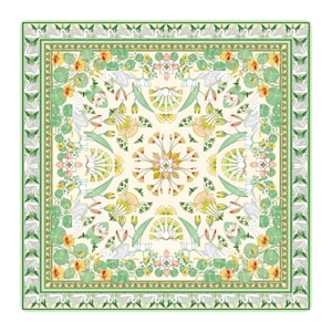 Square mahjong table mat with green background, white cranes, lotus flowers, fan motifs and a central floral medallion framed by a crane border.