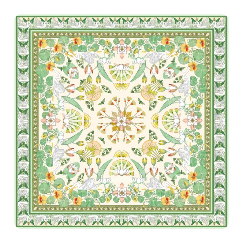 Square mahjong table mat with green background, white cranes, lotus flowers, fan motifs and a central floral medallion framed by a crane border.