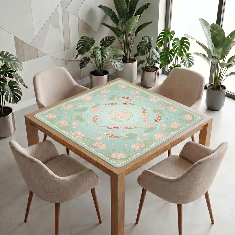 Koi and lotus mahjong mat displayed on a square table in a modern room, surrounded by soft chairs and tall potted plants near large windows.