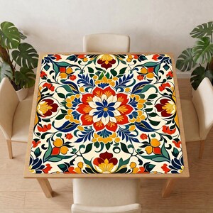 Colorful Floral Mahjong Table Mat – Cream Background, Red Yellow Blue Blossom Pattern, Noise Reducing Non Slip Square Game Table Cover