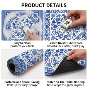 Product detail collage of the blue and white dragon lotus mahjong mat being washed with foam, used under tiles, rolled up for storage and lifted to reveal the textured non‑slip rubber backing.