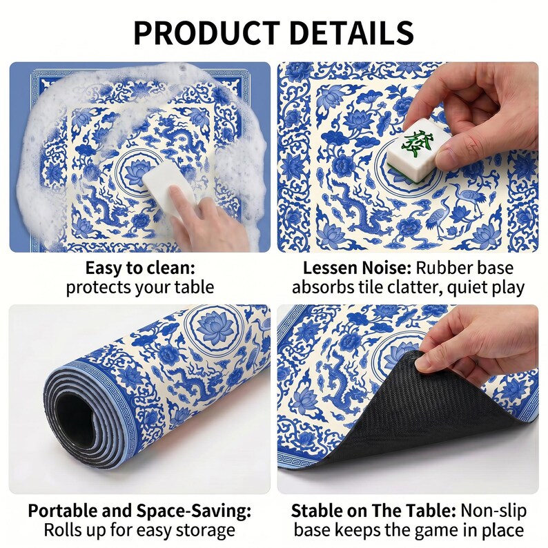 Product detail collage of the blue and white dragon lotus mahjong mat being washed with foam, used under tiles, rolled up for storage and lifted to reveal the textured non‑slip rubber backing.