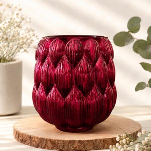 Ruby Red Textured Glass Artis Vase – Leaf Pattern Centerpiece